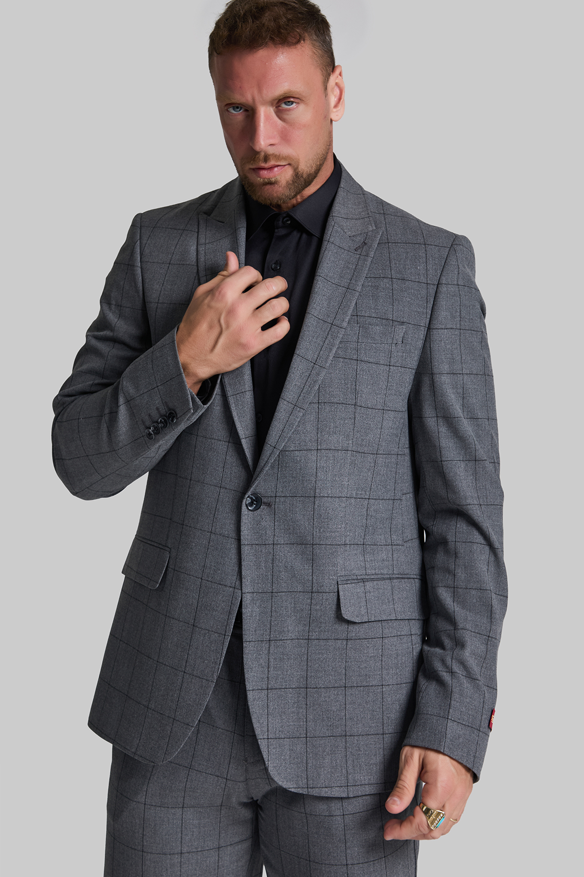 O.GRİ SİYAH PENCERE KARELİ SLIM FIT CEKET 