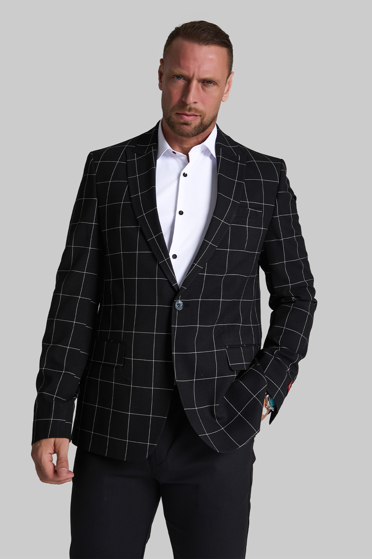 BEYAZ PENCERE KARELİ SİYAH SLIM FIT CEKET