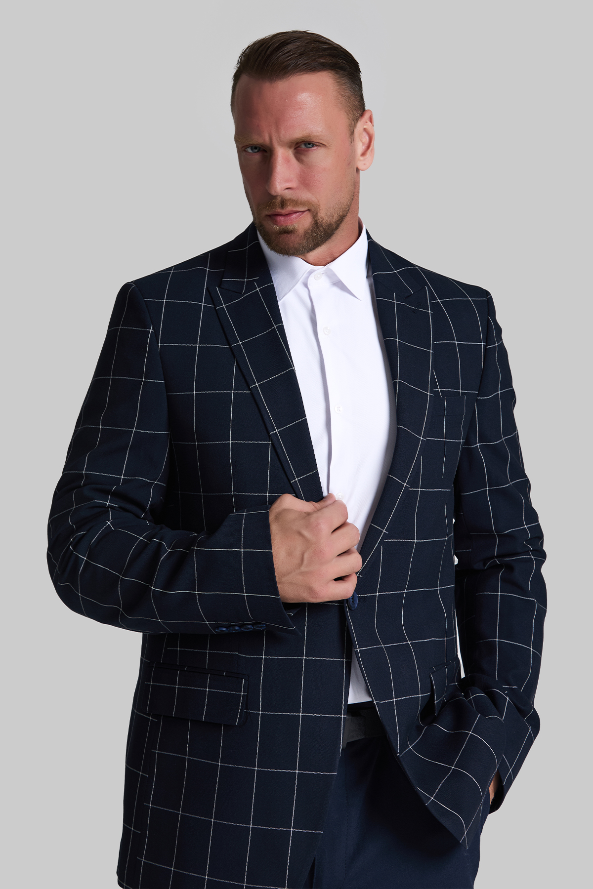 BEYAZ PENCERE KARELİ LACİVERT SLIM FIT CEKET