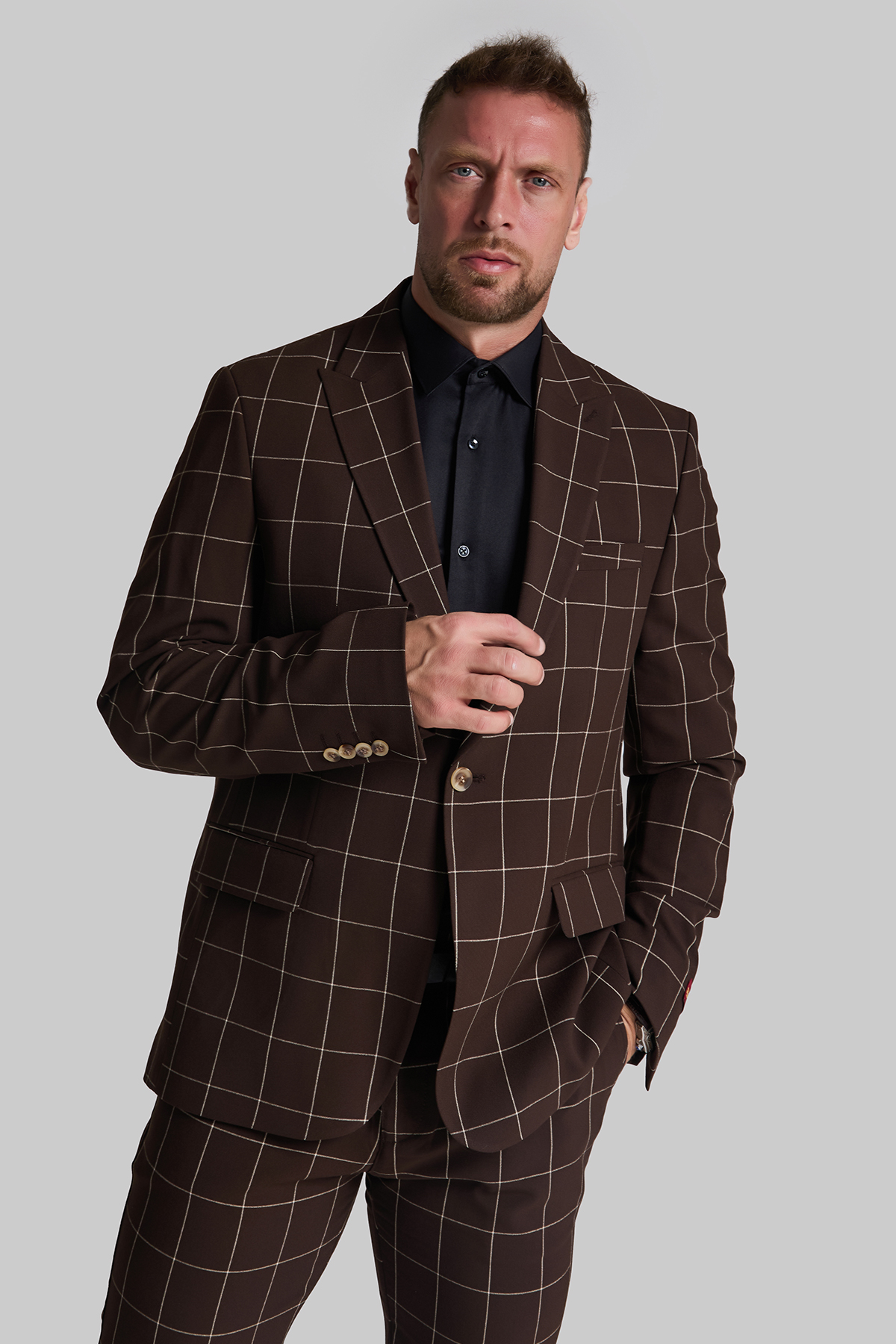 BEYAZ PENCERE KARELİ KAHVERENGİ SLIM FIT CEKET